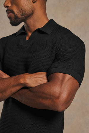 Textured Knitted Open Collar Polo Shirt in Black