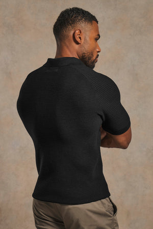 Textured Knitted Open Collar Polo Shirt in Black