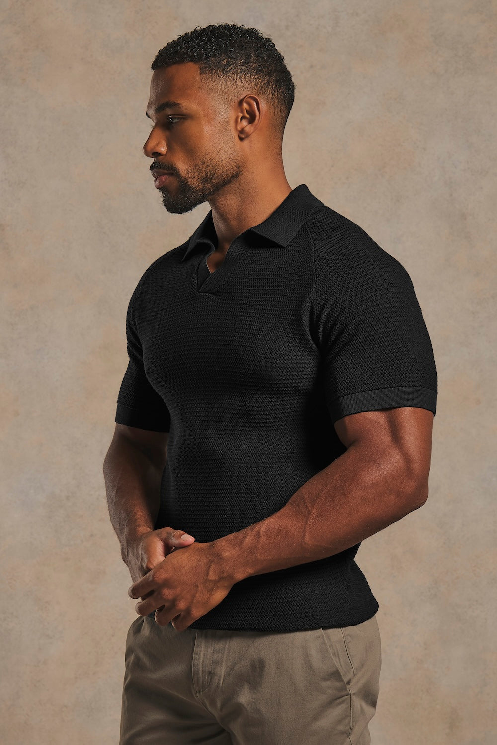 Textured Knitted Open Collar Polo Shirt in Black