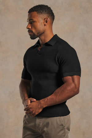 Textured Knitted Open Collar Polo Shirt in Black