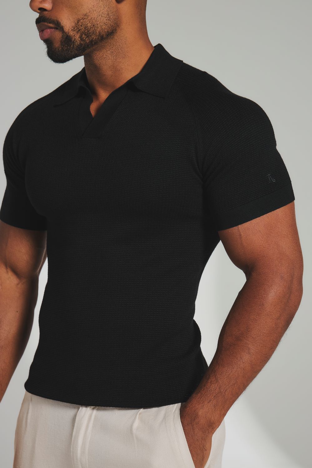 Square Textured Knitted Open Collar Polo Shirt in Black