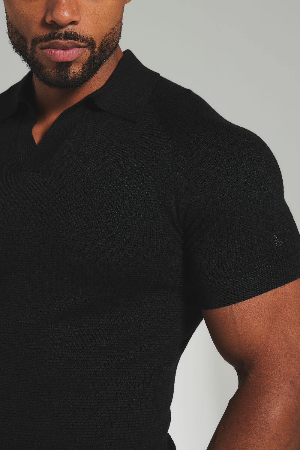 Square Textured Knitted Open Collar Polo Shirt in Black
