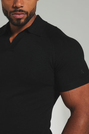 Square Textured Knitted Open Collar Polo Shirt in Black