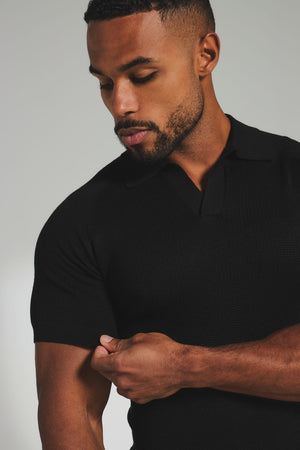 Square Textured Knitted Open Collar Polo Shirt in Black