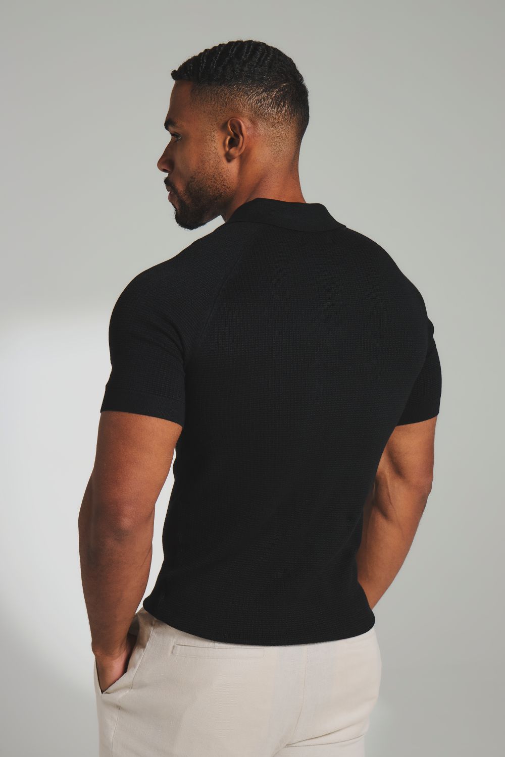 Square Textured Knitted Open Collar Polo Shirt in Black
