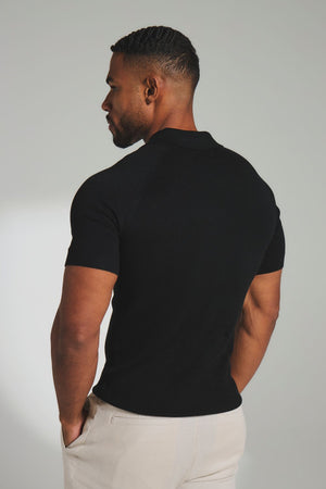 Square Textured Knitted Open Collar Polo Shirt in Black