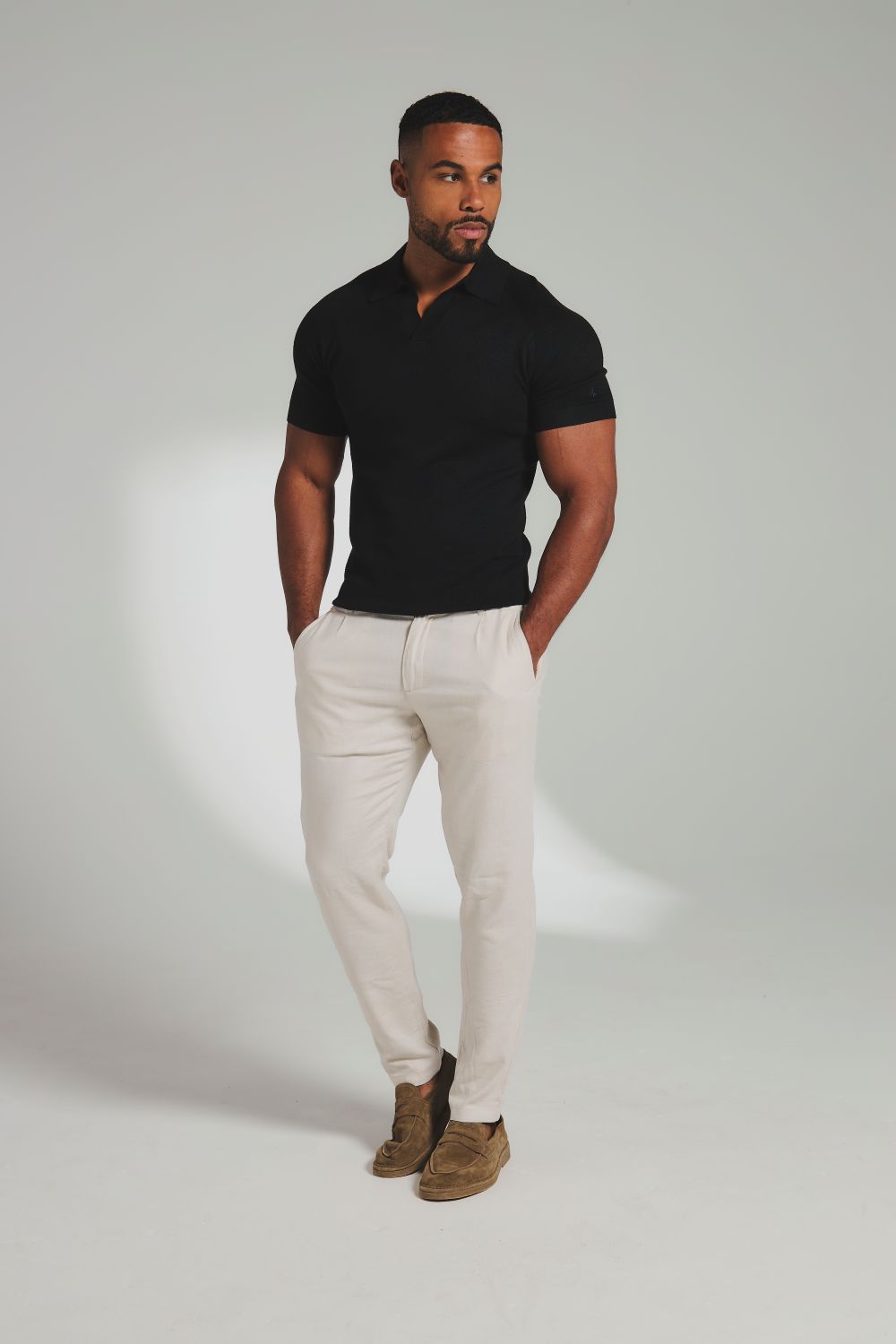 Square Textured Knitted Open Collar Polo Shirt in Black