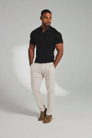 Square Textured Knitted Open Collar Polo Shirt in Black