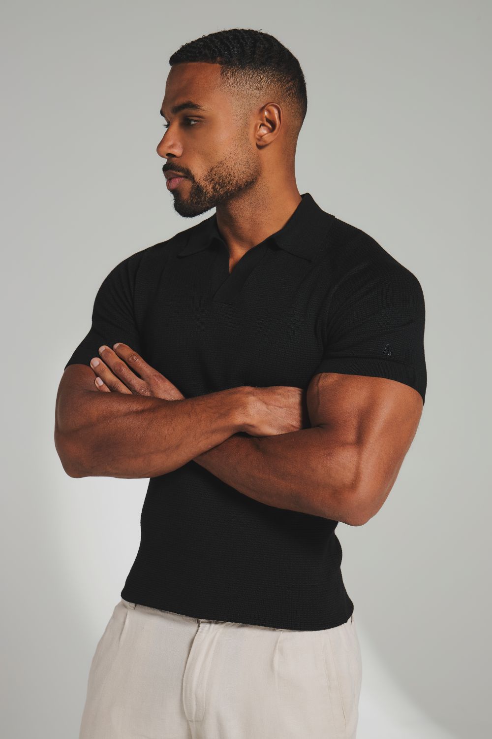 Square Textured Knitted Open Collar Polo Shirt in Black