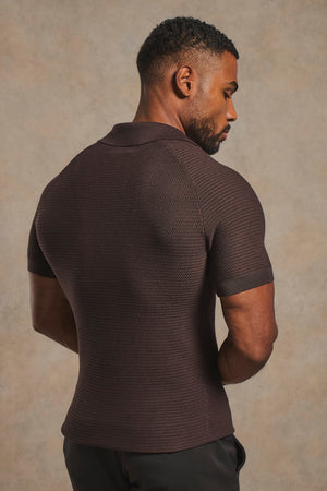 Textured Knitted Open Collar Polo Shirt in Chocolate