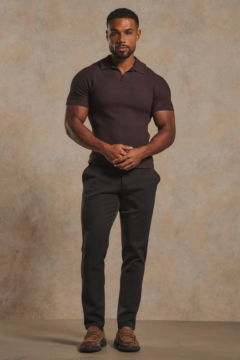 Textured Knitted Open Collar Polo Shirt in Chocolate
