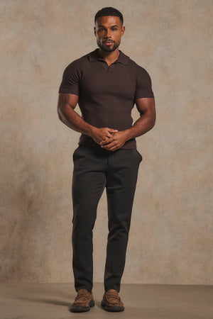 Textured Knitted Open Collar Polo Shirt in Chocolate