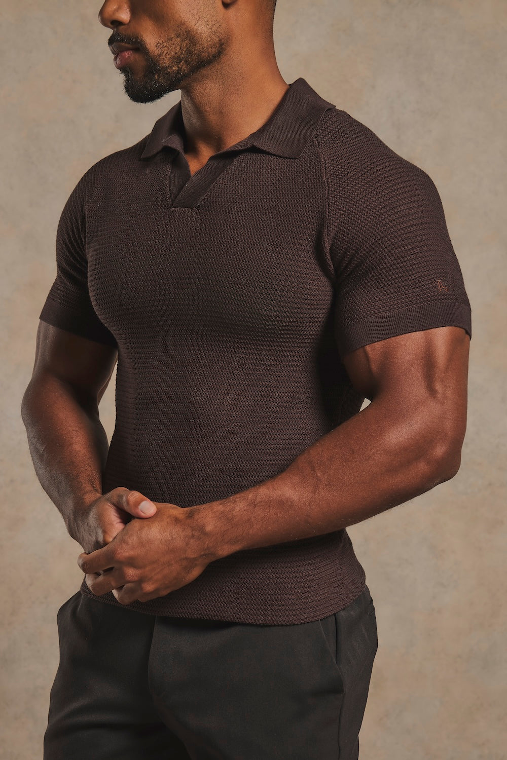 Textured Knitted Open Collar Polo Shirt in Chocolate