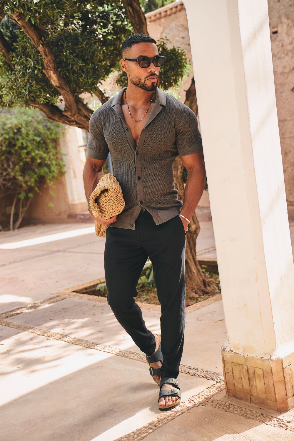Fine Textured Cuban Collar Knitted Shirt in Dark Clay