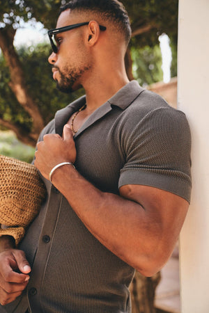 Fine Textured Cuban Collar Knitted Shirt in Dark Clay
