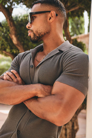 Fine Textured Cuban Collar Knitted Shirt in Dark Clay