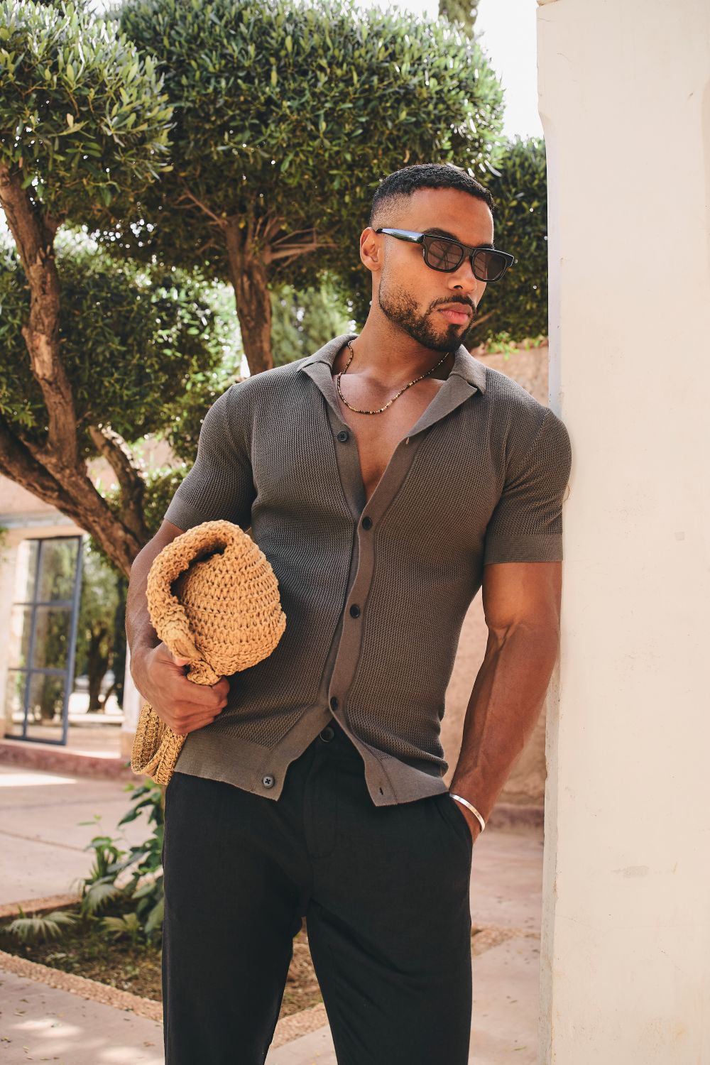 Fine Textured Cuban Collar Knitted Shirt in Dark Clay
