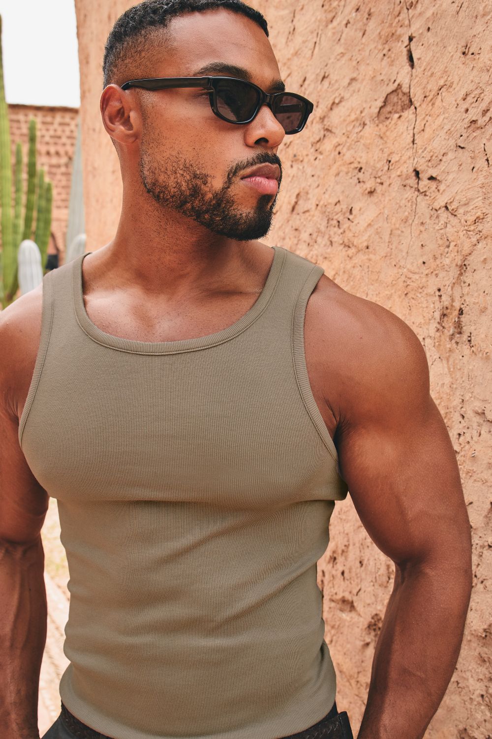 Cotton Ribbed Vest in Smoky Khaki