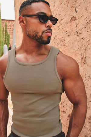 Cotton Ribbed Vest in Smoky Khaki