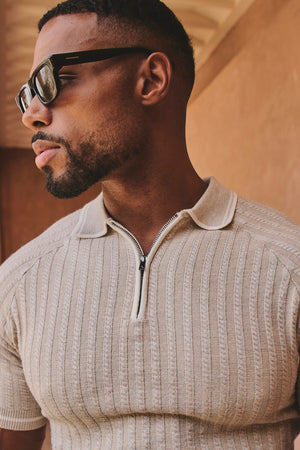 Tipped Cable Knitted Zip Polo Shirt in Neutral