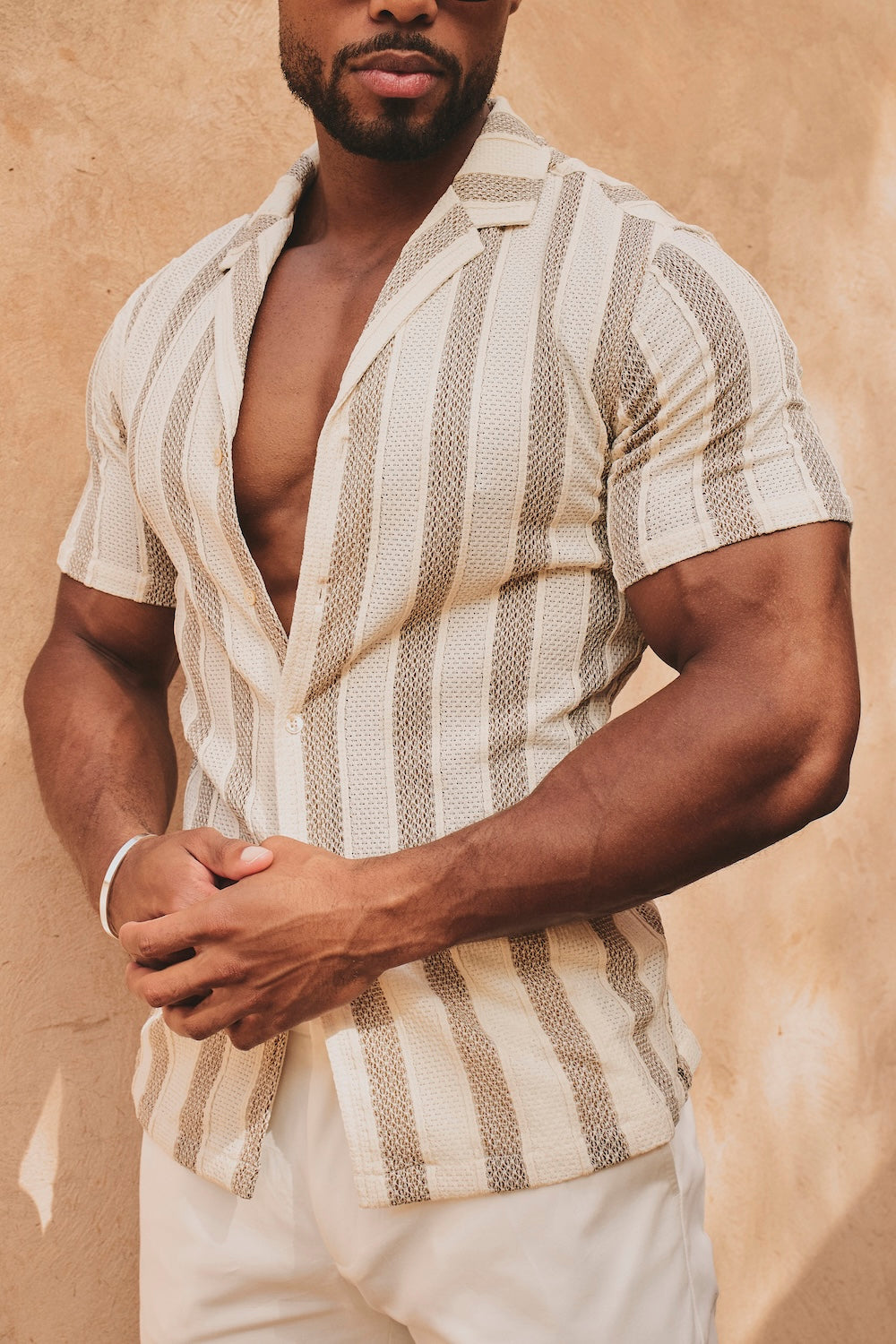Stripe Crochet Cuban Collar Shirt in Neutral