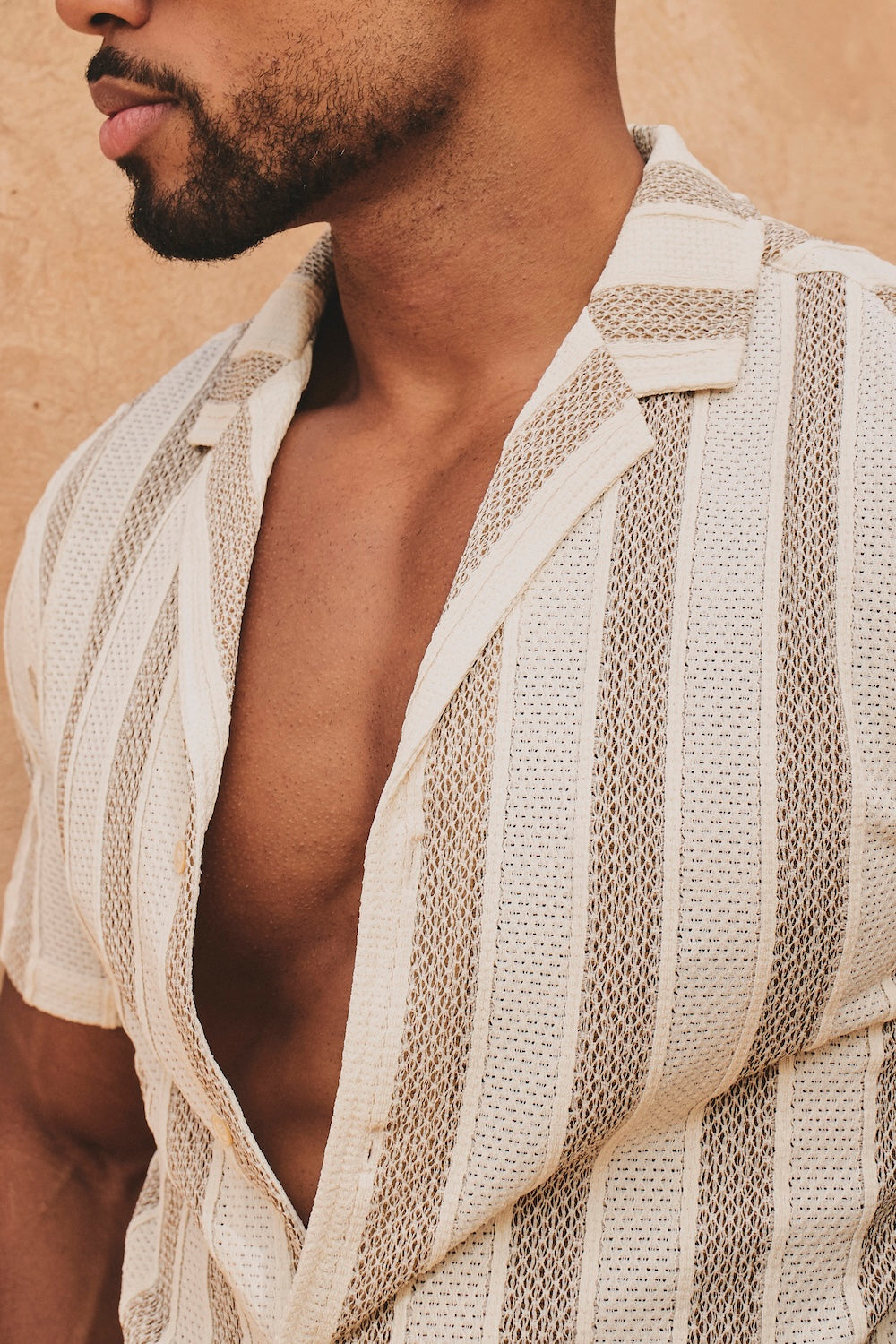 Stripe Crochet Cuban Collar Shirt in Neutral