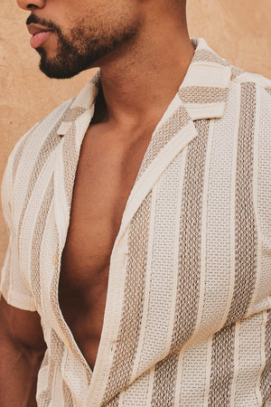 Stripe Crochet Cuban Collar Shirt in Neutral