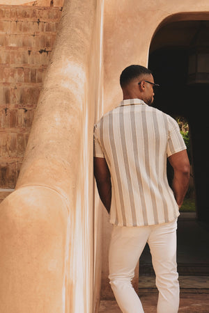 Stripe Crochet Cuban Collar Shirt in Neutral