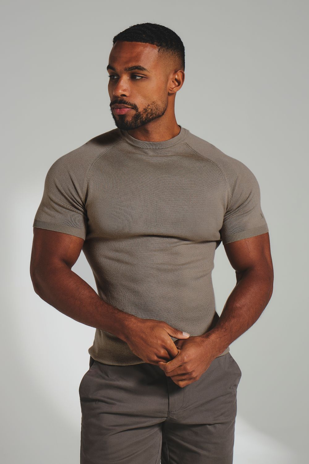 Fine Gauge Knitted T-Shirt in Khaki