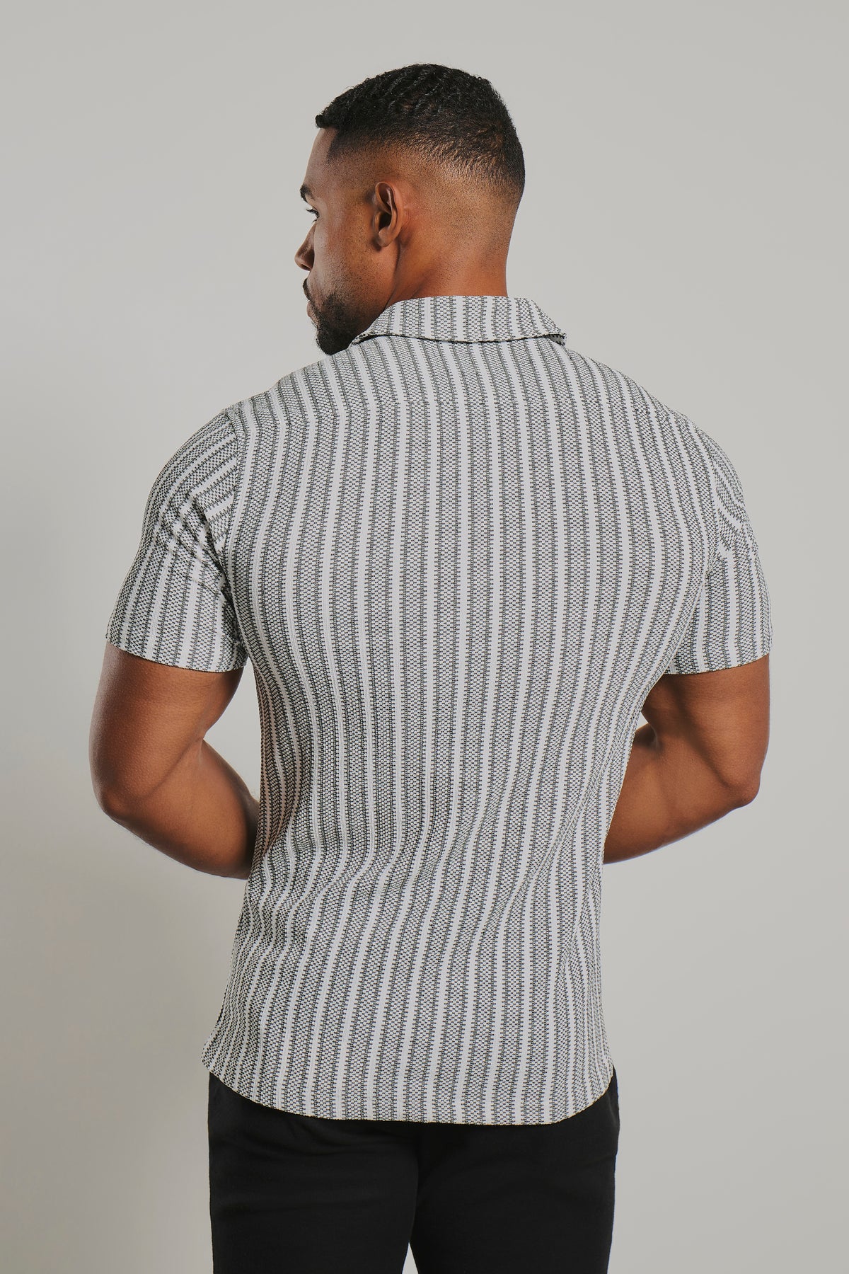 Stripe Crochet Cuban Collar Shirt in White and Grey