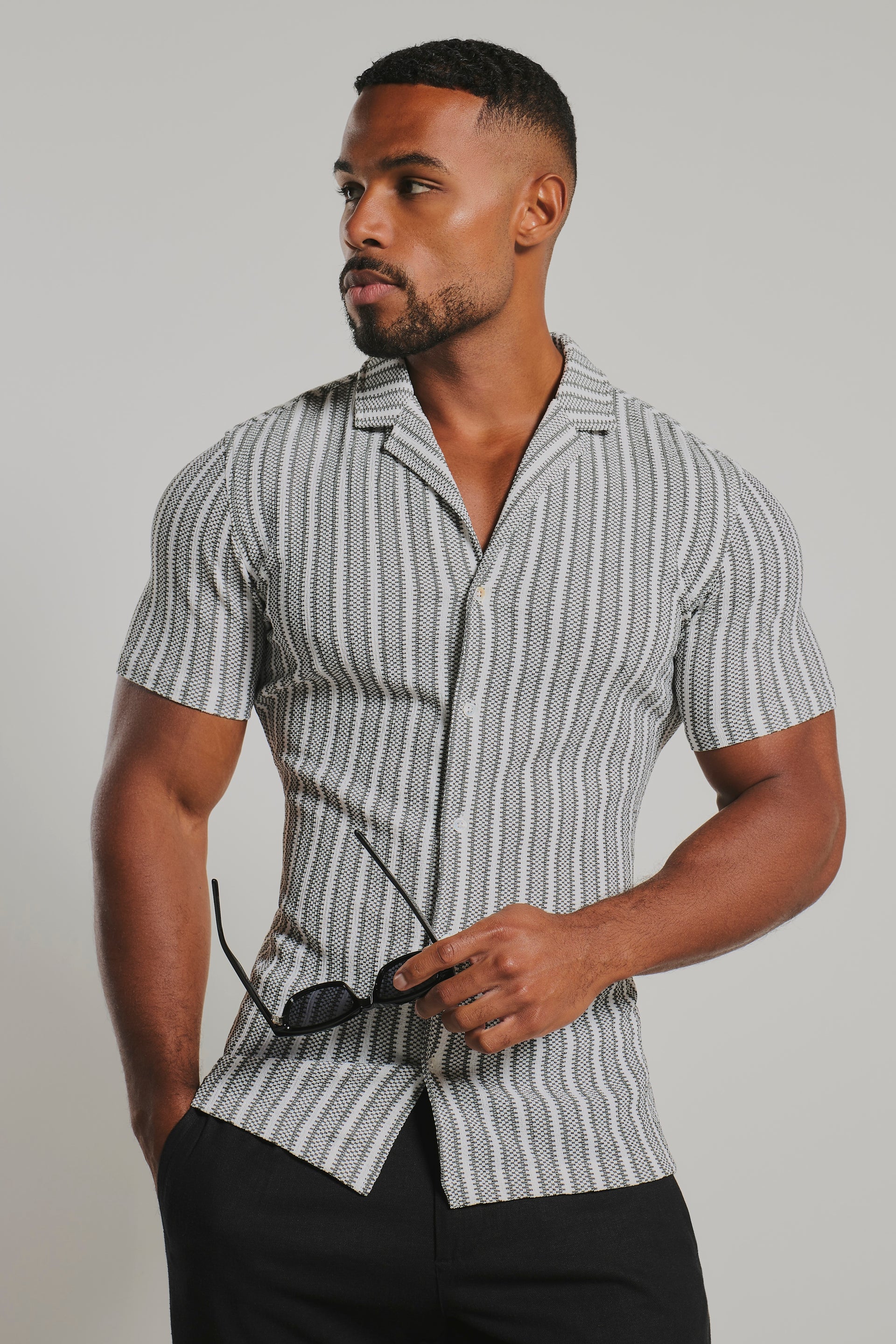 Stripe Crochet Cuban Collar Shirt in White and Grey