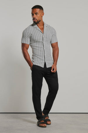 Stripe Crochet Cuban Collar Shirt in White and Grey