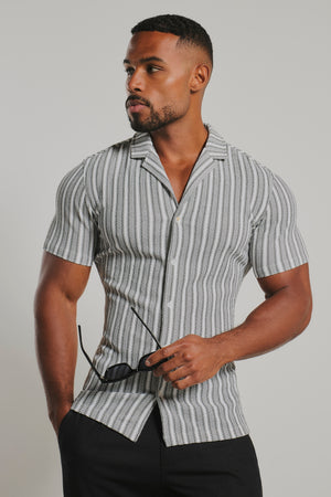Stripe Crochet Cuban Collar Shirt in White and Grey
