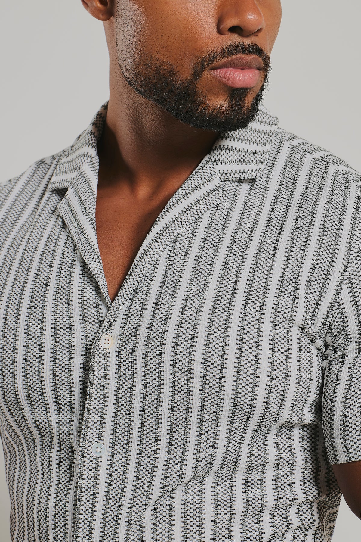 Stripe Crochet Cuban Collar Shirt in White and Grey