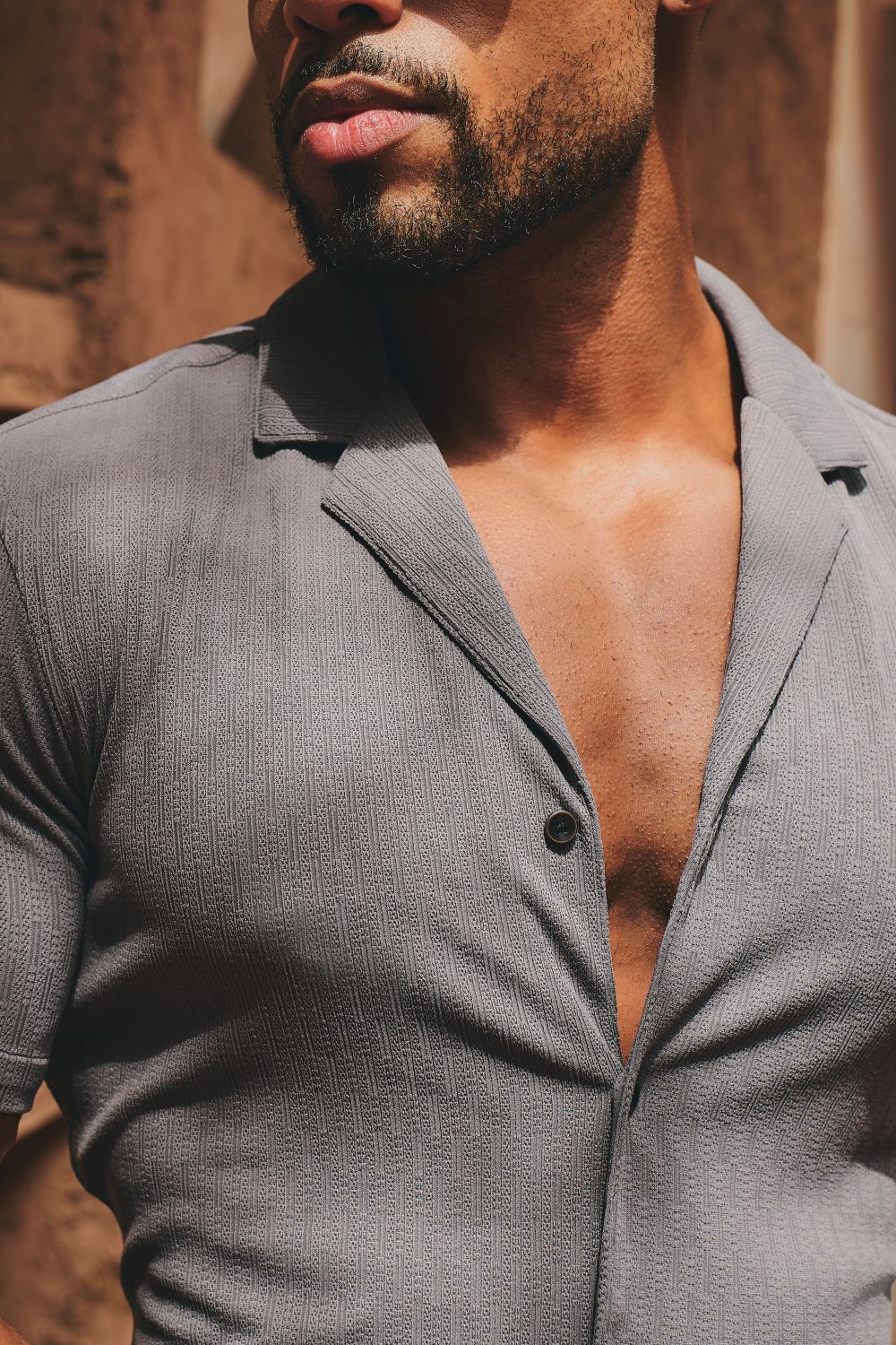 Linear Textured Cuban Collar Shirt in Slate Grey