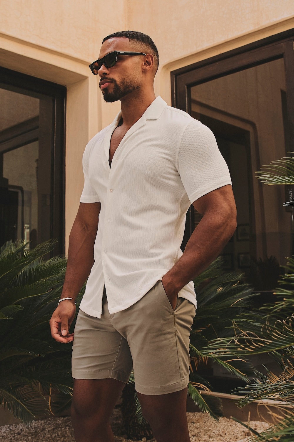 Linear Textured Cuban Collar Shirt in White
