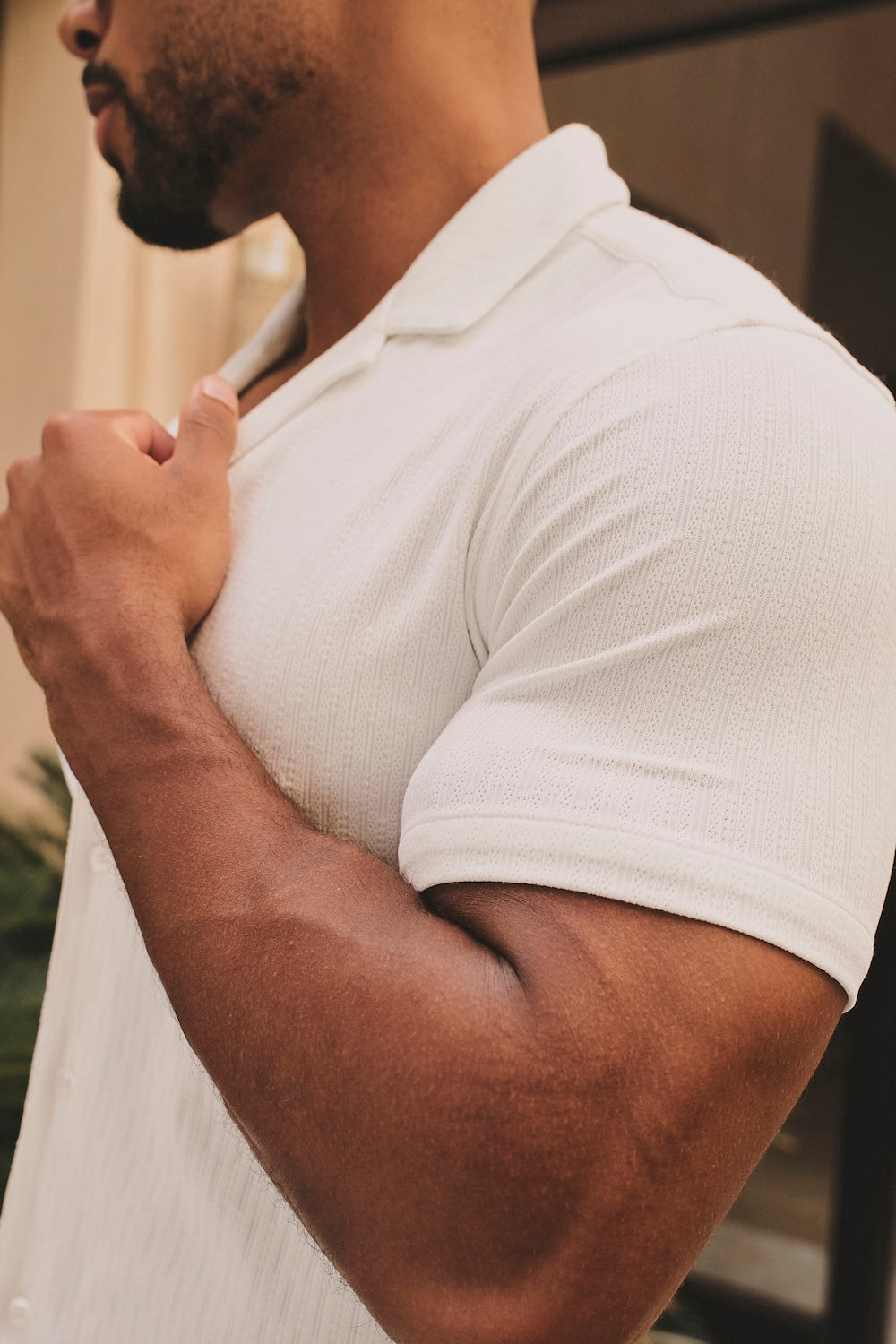 Linear Textured Cuban Collar Shirt in White