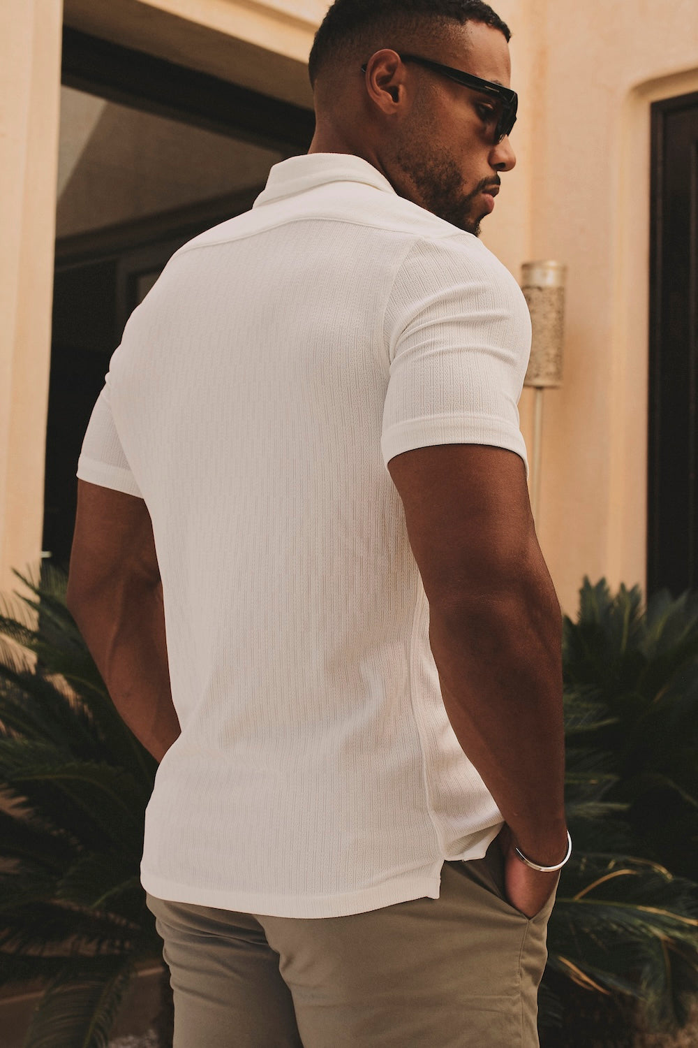 Linear Textured Cuban Collar Shirt in White