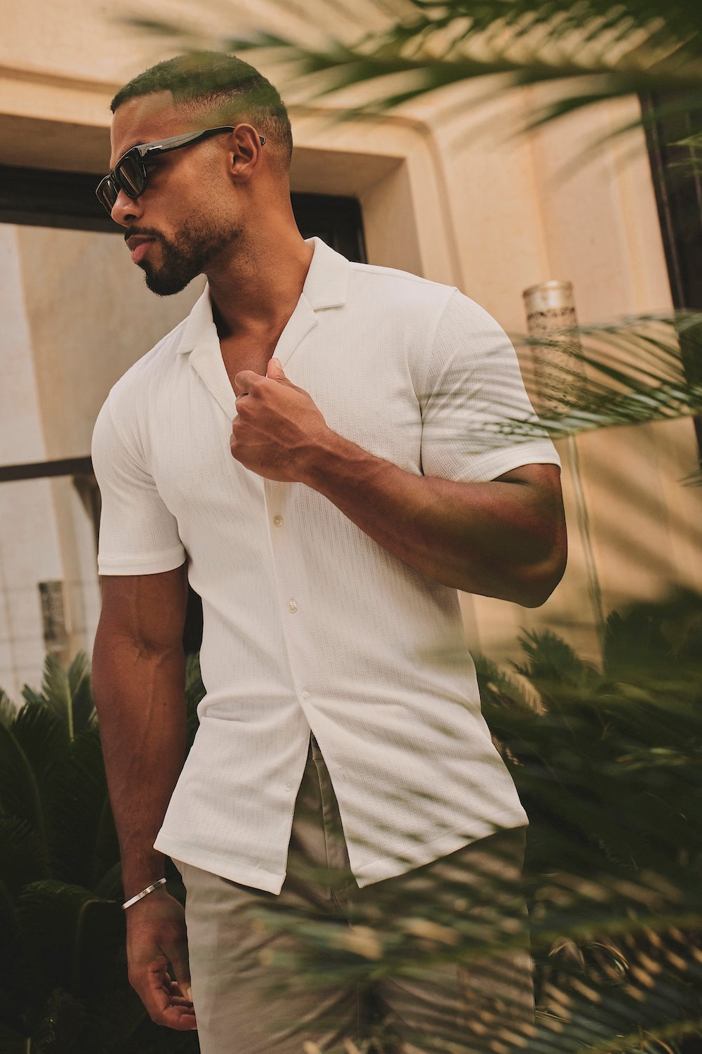 Linear Textured Cuban Collar Shirt in White