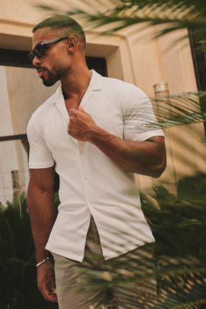 Linear Textured Cuban Collar Shirt in White