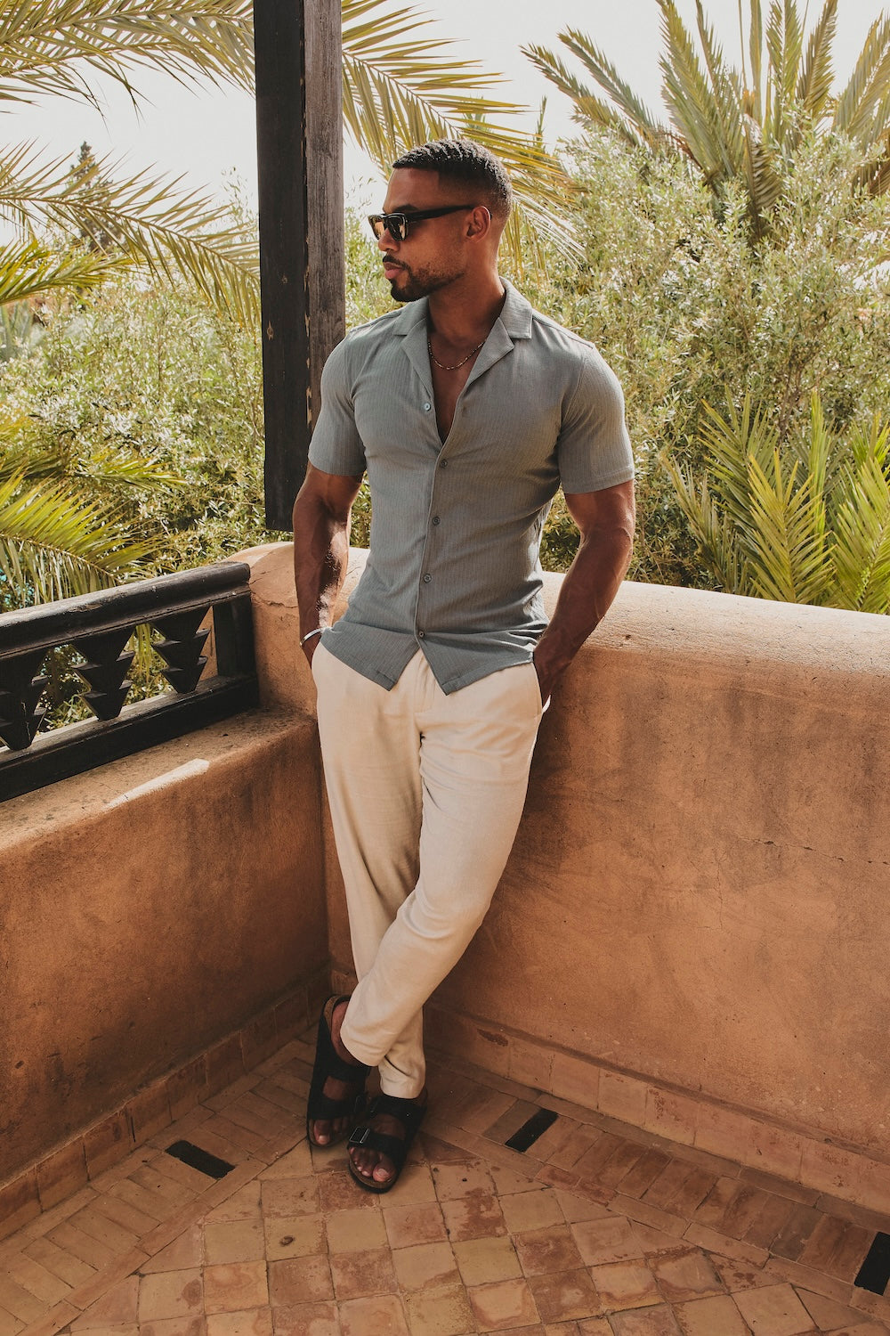 Linear Textured Cuban Collar Shirt in Sage