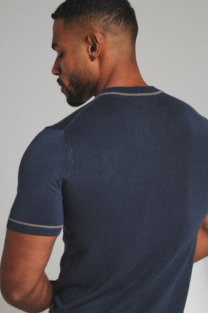 Contrast Tipped Knitted T-Shirt in Steel Blue and Grey