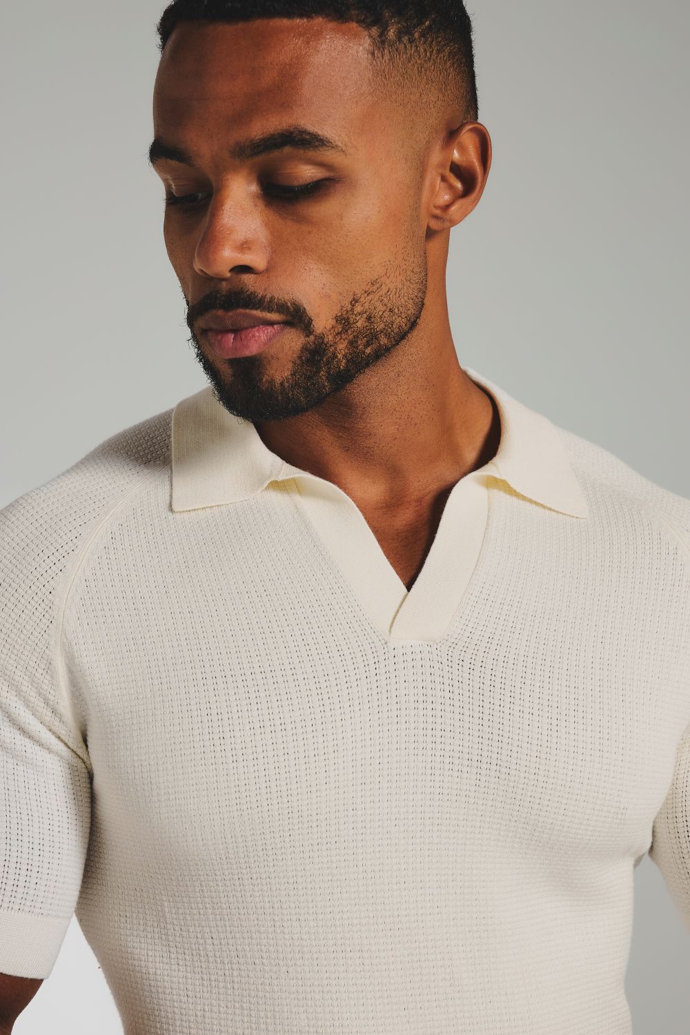 Square Textured Knitted Open Collar Polo Shirt in Ecru