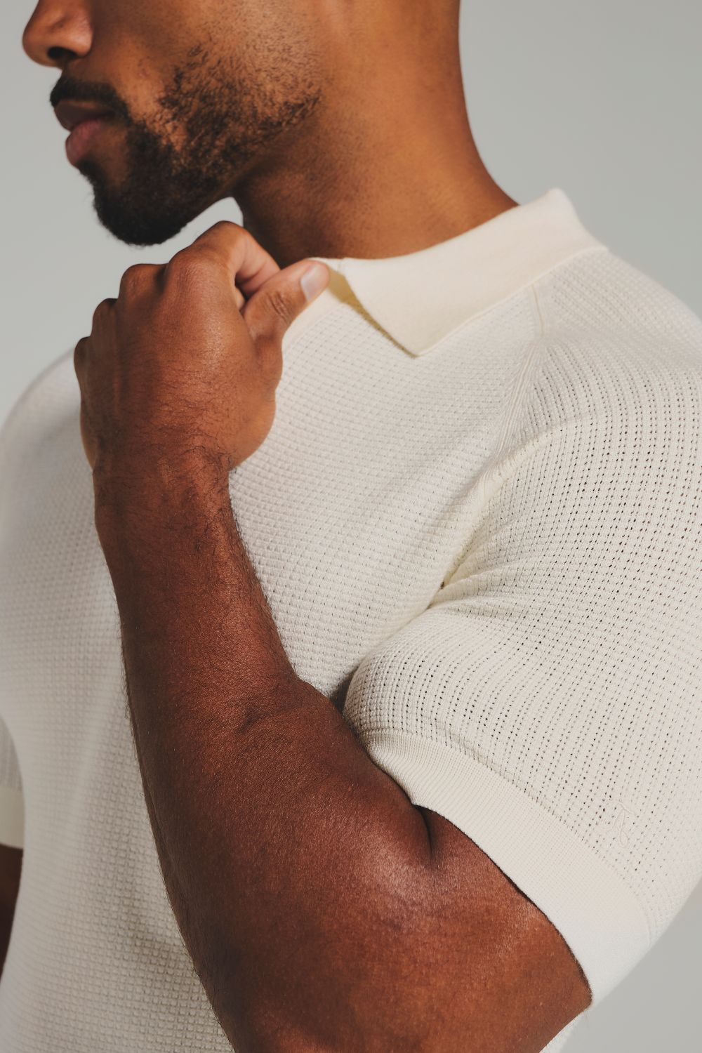 Square Textured Knitted Open Collar Polo Shirt in Ecru