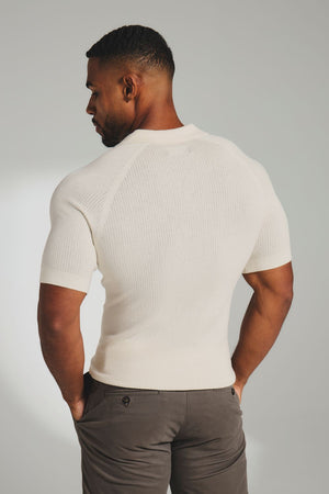 Square Textured Knitted Open Collar Polo Shirt in Ecru