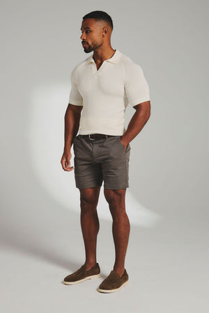 Square Textured Knitted Open Collar Polo Shirt in Ecru