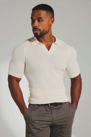 Square Textured Knitted Open Collar Polo Shirt in Ecru