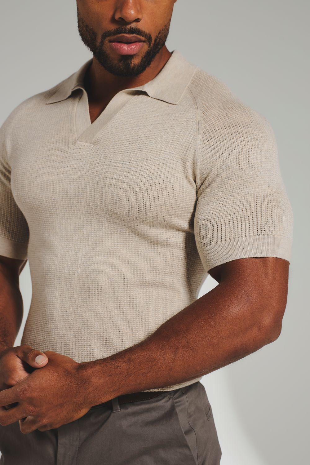Square Textured Knitted Open Collar Polo Shirt in Wheat Marl