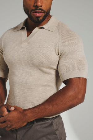 Square Textured Knitted Open Collar Polo Shirt in Wheat Marl