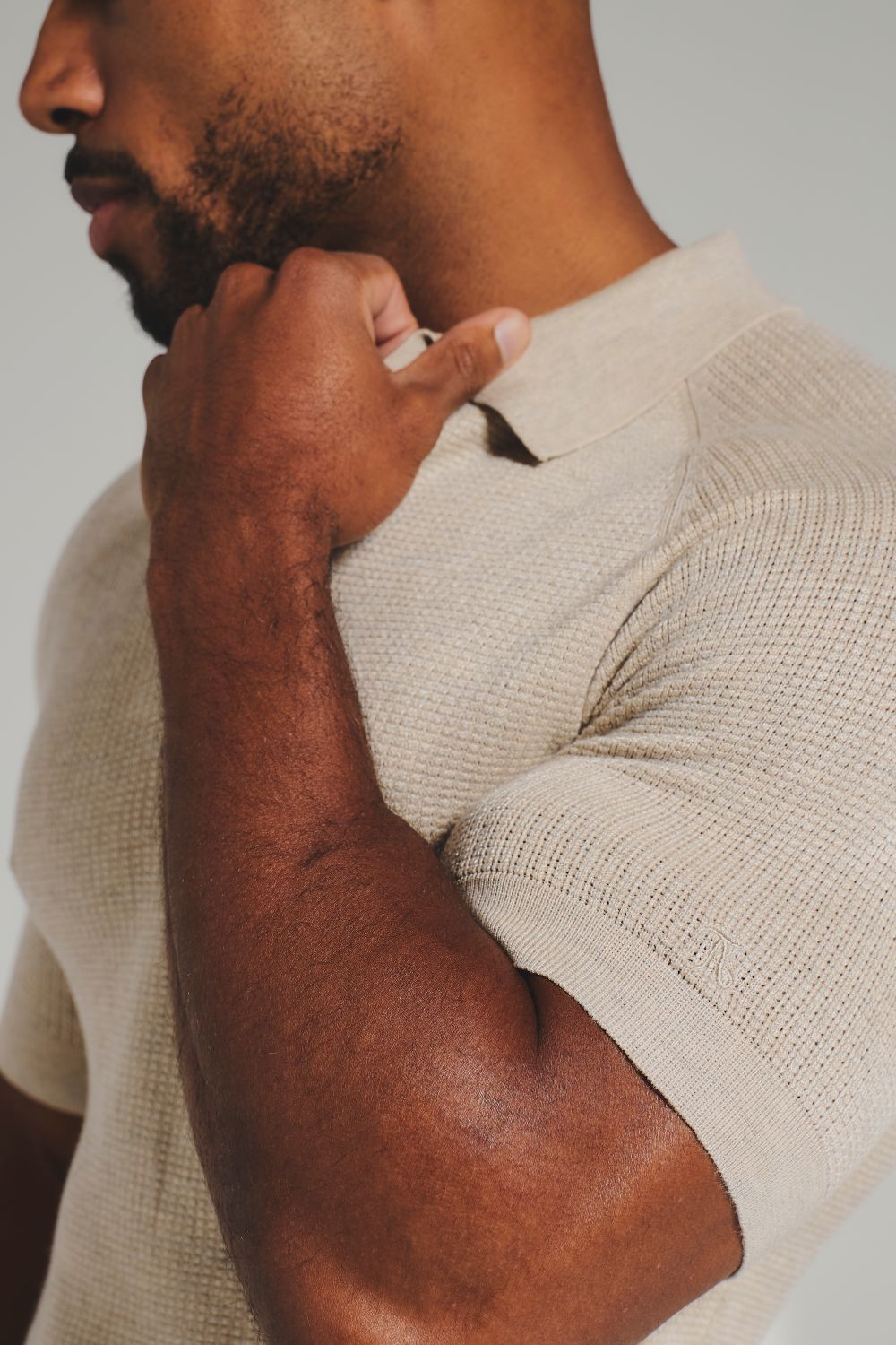 Square Textured Knitted Open Collar Polo Shirt in Wheat Marl